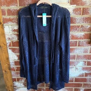Love Ellie Stitch Fix Navy Airy Pointelle Hooded Cardigan Beachy Resortwear L